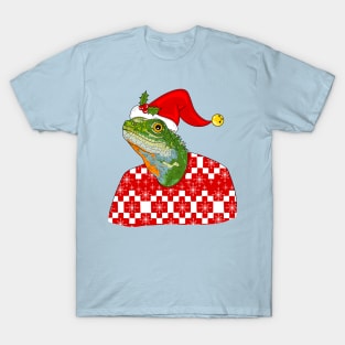 Christmas Sweater Lizard With Blue Background T-Shirt